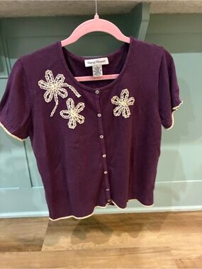Rena Rowan Maroon Short Sleeve Button Sweater L (Fits M) Lace Ribbon Beading